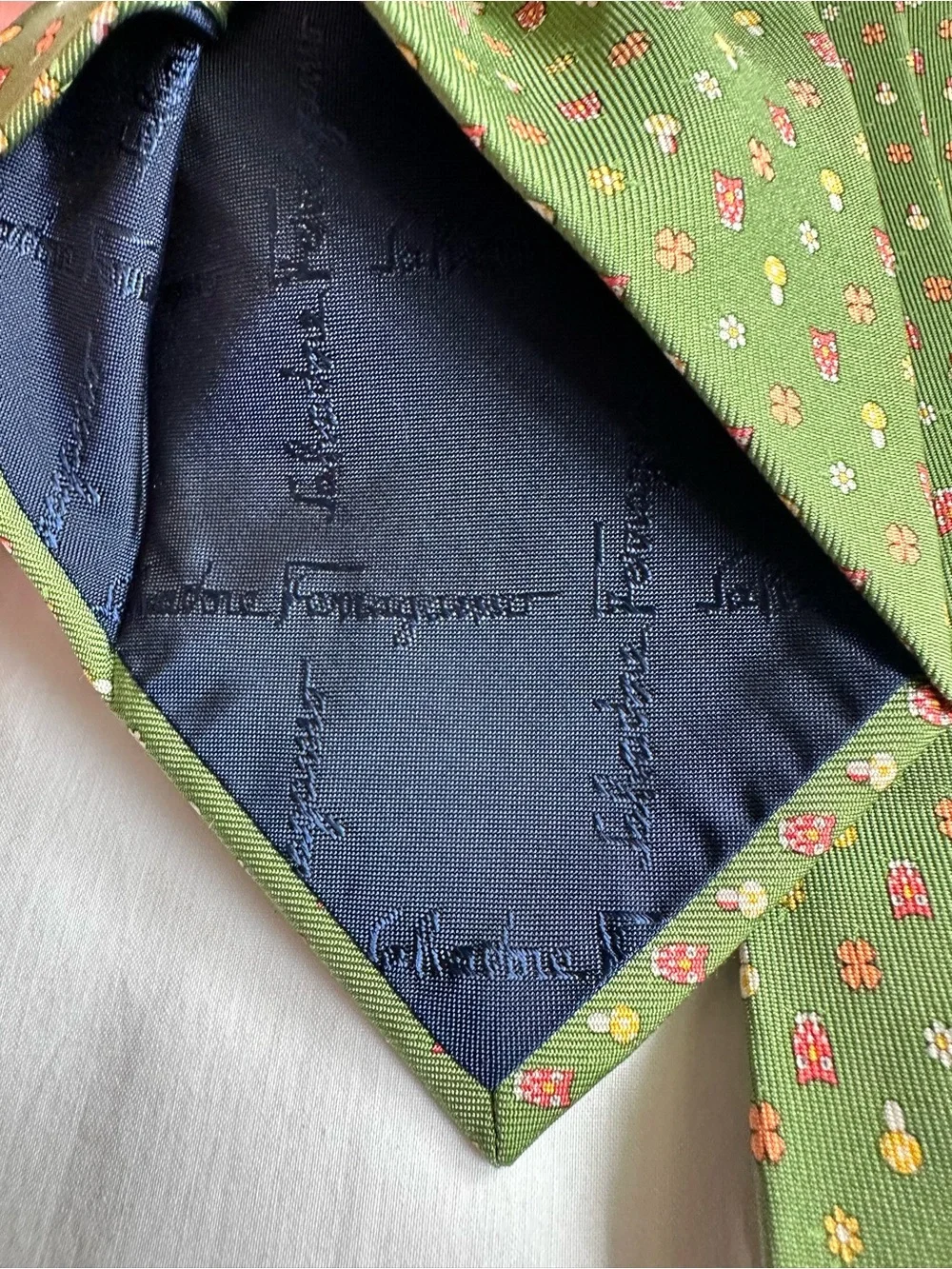 Salvatore Ferragamo Green Tie with Pink and Yellow Owl & Mushroom Micro Motif